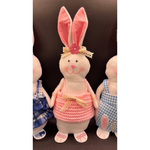 Easter Bunny Plush Trio Set White Rabbit Figurines Blue Pink Plaid Gingham Decor - Picture 4 of 5